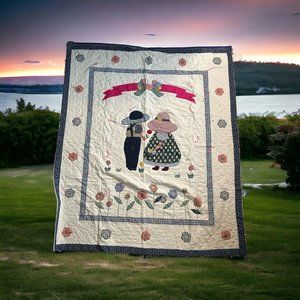 Vintage Sun Bonnet Sue Farmer Sam Boy Girl Quilt Baby 50” X 60” Blue Pink SEE